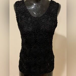 Elegant Black Shiny Crocheted Lace Sleeveless Top with attached nylon camisole.